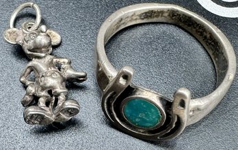 1978 Mickey Mouse Pendant And Silver/Turquoise-colored Ring