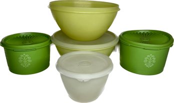 Tupperware Apple Green Container, Tupperware Pastel Yellow Bowl, And Small Tupperware Clear Container