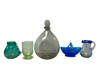 Glass Decanter (7x6x10) And Assorted Colored Glass Pieces- Blue Basket Is 6x2.5x4