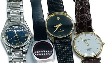 Vintage Men's & Ladies Watches, Untested, Geneva, Timeband, Peugeot - Leather, Lizard, Bands, Silvertone