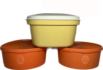 Vintage Tupperware Marinade/steamer Container And Tupperware Orange Servalier Canisters