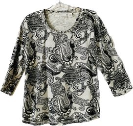 Chicos Ladies Blouse Size 0, Crew Neck, Three-quarter Length Sleeves, 100 Cotton