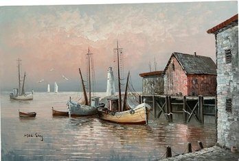 Port Themed Oil Painting On Canvas Signed By Artist Max Savy (36x24)