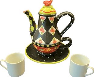 Floral Stacking Tea Pot With Cup & Saucer & 2 Small White Tea Cups