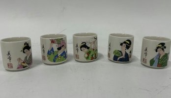 (5) Japanese Geisha Girl Porcelain Sake Set With Box