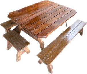 Sturdy Outdoor Table (60x45x28), 2 Benches (70x11x16), And 2 Stools (24x11x16) (weathered With Visible Wear)-