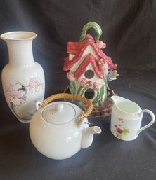 Ceramic Birdhouse, Floral Vase, Poppy Pitcher, White Tea Pot.