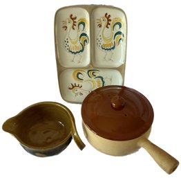 Red Wing Pottery Provincial Ware Bean Pot, Rooster Serving Tray( 9x12),  And Pottery Gravy Dish 7x5x2