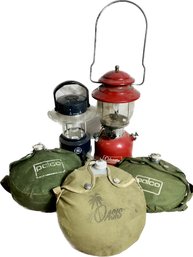 Pair Of Lanterns, Two Vintage Palco Canteens And One Vintage Oasis Canteen