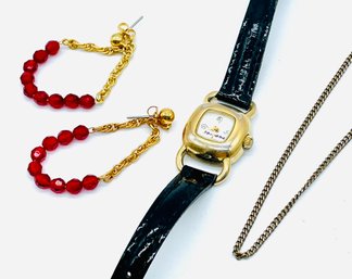 Vintage Ladies Watch - 'friends'- Untested. Red Beads Pierced Earrings, Goldtone Chain