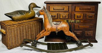 Vintage Rocking Horse, Wooden Mallard, Wooden Jewelry Box, Basket