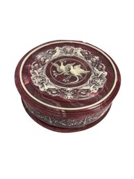 Genuine Incolay Stone Box, Handcrafted In USA. Rose Colored With White Bird & Cherub Design. 8.5x3