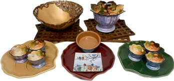 Noritake Handpainted Made In Japan Dish, 4 Wood Trivets, Potterybarn Leaf Platters, Birds Magnet, And More