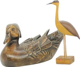 Carved Wood Duck And Wood Sand Hill Crane Sculptures