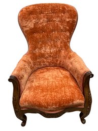 Vintage Salmon Colored Chair (crushed Velvet) With Ornate Wood Frame - 26x31x41