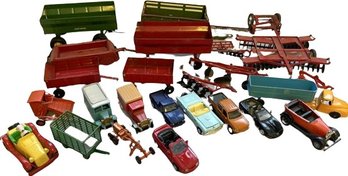 Collection Of Toy Cars, Trailers, Farm Equipment & More! Largest Trailer Is 8in Long
