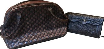 Brown Checkered Handbag And Leather Wallet Purse