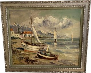 Ships On The Beach Framed Original Italian Oil Painting Signed By Artist DeArno (28.5x25)