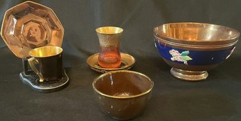 Copper & Gold Tone Decor Including Bowls & Tea Cup With Saucer