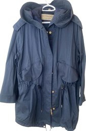 Womens Burberry Navy Blue Rain Coat With Hood And Cinch Waist.  Size Large