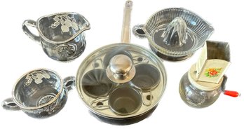 Stainless Steel Poached Egg Cooker, Juicer, Coffee Grinder, Strawberry Patterned Cream & Sugar Dishes