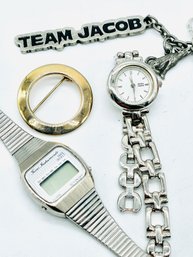 Vintage Ladies Watches-Texas Instruments, Bijoux Terner, Untested. 'team Jacob' With Wolf Charm. Goldtone Pin