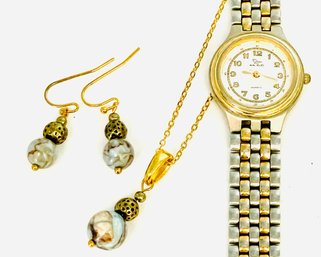 Vintage Ladies Watch, Oscar De La Renta, Untested. Beaded Pierced Earrings And Matching Pendant