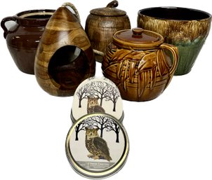 Collection Of Brown Pottery, Wood Bird Feeder, Owl Paper Coasters