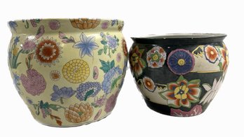 Floral Flower Pots- 14x14x11.5 & 12x12x9.5, Smaller Pot Has Glued Crack