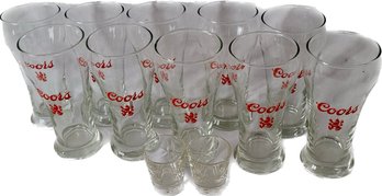 Retro Coors Lion Logo Beer Glasses (10) & Pair Of Crystal Shot Glasses- Glasses Are 6.5in Tall