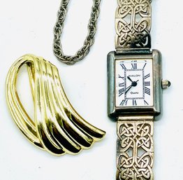 Vintage Ladies Watch, Untested, Silvertone - Avalon, Goldtone Pendant, Silvertone Chain