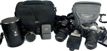 Canon EOS, Canon AE-1, Canon Battery Charger, Canon Speedlite 155A, Lowepro Camera Bag, Profoto Camera Bag