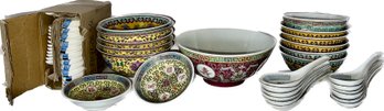 Collection Of Asian Soup Bowls And Spoons