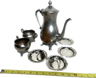 Tea Set With Tea Pot, Cream & Sugar Containers, Stamped Silver On Copper & Four Small Silver Colored Plates