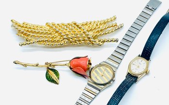 Vintage Ladies Watches. Untested, CVP, Timex, Rose & Rope Knot Brooches. Goldtones & Silvertones.