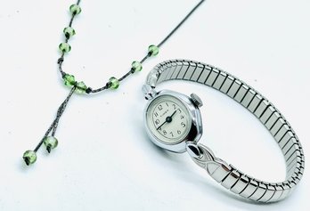 Vintage Silvertone And Green Crystal Beads Necklace. Vintage Ladies Watch, Untested-Timex