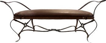 Rustic Style Faux Leather Seated Bench With Detailed Metal Frame- 48x27x24