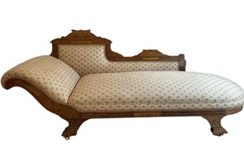 Antique Chaise Lounge With Carved Wood Details. 1 Small Area With Water Stain. 74x23x30. Seat Height At 15