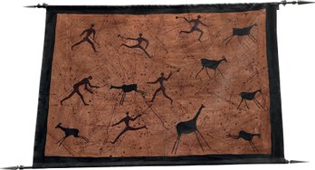 Hand Painted African Bushmen Canvas Tapestry With Wall Mount- Slightly Dusty, 38x69