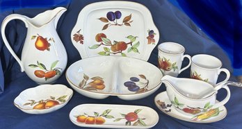 Royal Worcester Fine Porcelain Evesham Pitcher, Gravy Server, Mugs, Platters