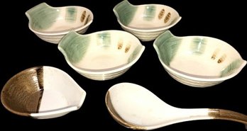 4 Ceramic Shallow Soup Bowls, Ceramic Ladle And Dishes