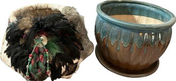 Teal Planter From Garden Treasure And Bark Like American Indian Woven Basket With Faux Fur And Feathers