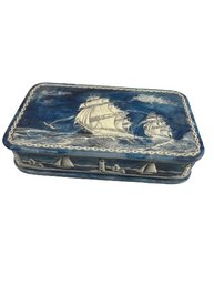 Genuine Incolay Stone Box, Handcrafted In USA. Blue With White Ship Design. 12x8x3