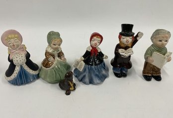 1974 Walts Carolers Christmas Holiday (6) Figurines - 3 Women/2 Men Sing, 1 Dog