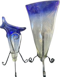 Blue Accent Glass Vases With Metal Stands
