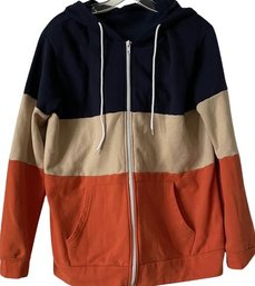 Ladies Hoodie With Zipper, Navy Blue, Cream, Orange. Size Medium. No Label.