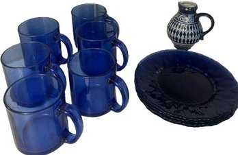 Blue Glassware, Plates, Pitcher & Pottery