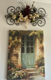 Canvas Print Of A Blue Door With Flowers With Floral Decorative Arrangement On Top - 40x30