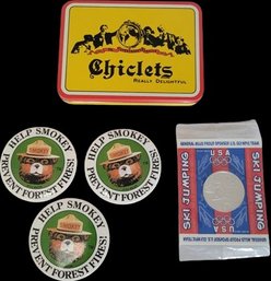 Vintage Chiclets Tin With Pins And A Large Olympic Coin