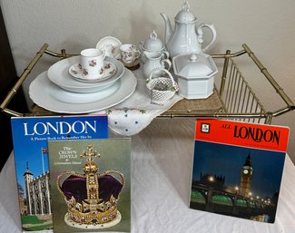 Brass And Rattan Tea Tray, Royal Albert Bone China Cup/saucer, White Ceramic Tea Accessories, London Books